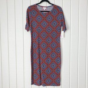 New LuLaRoe Julia Dress Medium Bodycon Fitted Blue Orange Yellow Diamond NWT